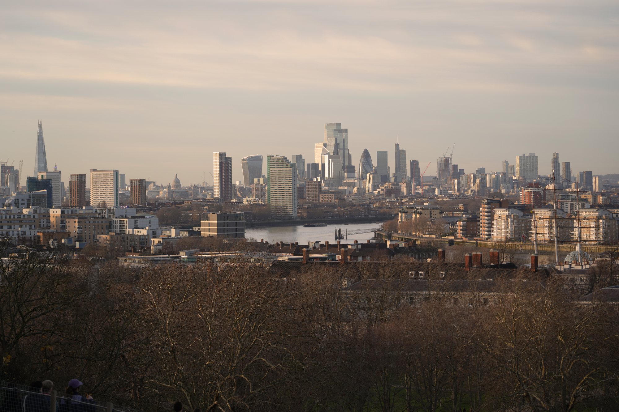 The London skyline and the Thames from Greenwich Park in late winter light